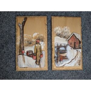 H. Nadeau Hand Carved Wall Hanging Art 2 Piece Set Snow Cabin Maple Syrup Canada